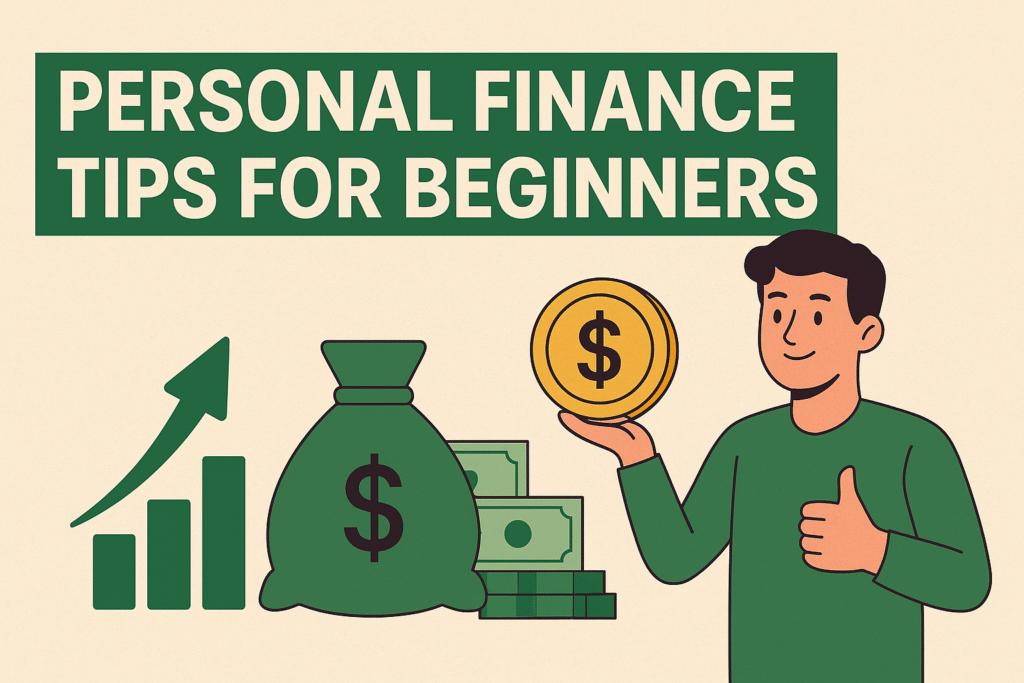 A digital illustration showing a young person managing money, saving, and investing wisely for financial freedom.